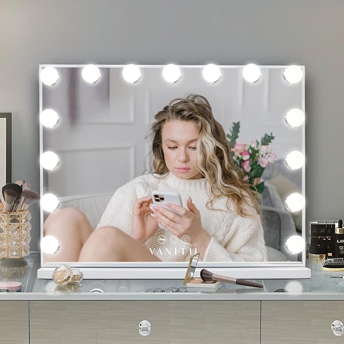 VANITII Hollywood Vanity Mirror with Lights USB Charging 22.8”*18.1” Lighted Makeup Mirror with 15 LED Bulbs Dimmable 3 Modes Tabletop for Cosmetic