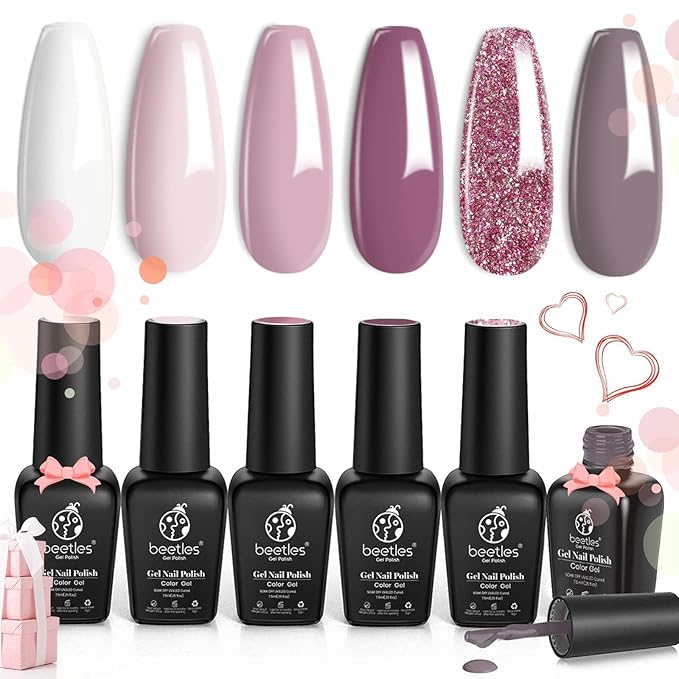 Beetles Romantic Wedding Gel Nail Polish Set 6 Colors Classic French White Soft Pink Glitter Bridesmaid Gel Polish Kit Nail Art Soak Off UV DIY Home Manicure Kit Gifts for Women
