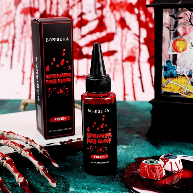BOBISUKA Halloween Fake Blood, Fresh Fake Blood 1.76oz, Realistic Washable Liquid Dripping Fake Blood Makeup Kit for Halloween, SFX Makeup, Cosplay Party, Stage, Horror Film