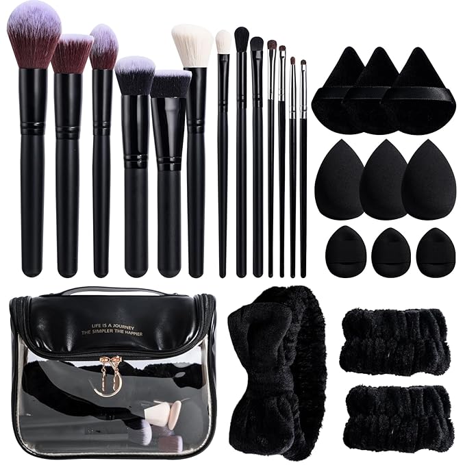 BS-MALL Makeup Brush Set with Waterproof Travel Bag & Makeup sponges -26 Pcs Set Triangle Puff & Face Washing Puffs,Face Wash Headband Wristband for Travel Go Camping Gift & Makeup Beginners (Black)