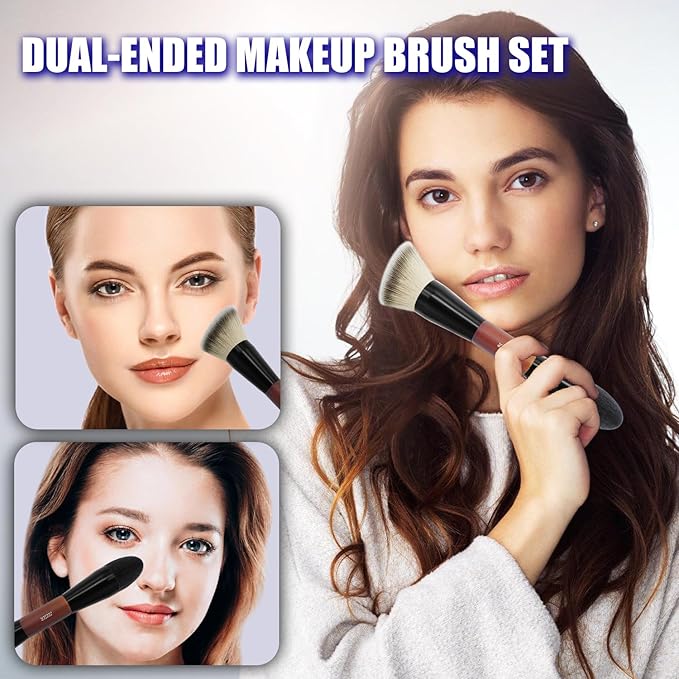 Double Ended Foundation Brush & Blending Brush for Makeup, Soft, Dense Bristles for Sensitive Skin, Duo Blush Brush for Liquid, Powder, Cream, Blending, Buffing–Travel-Friendly, Kabuki Makeup Brushes