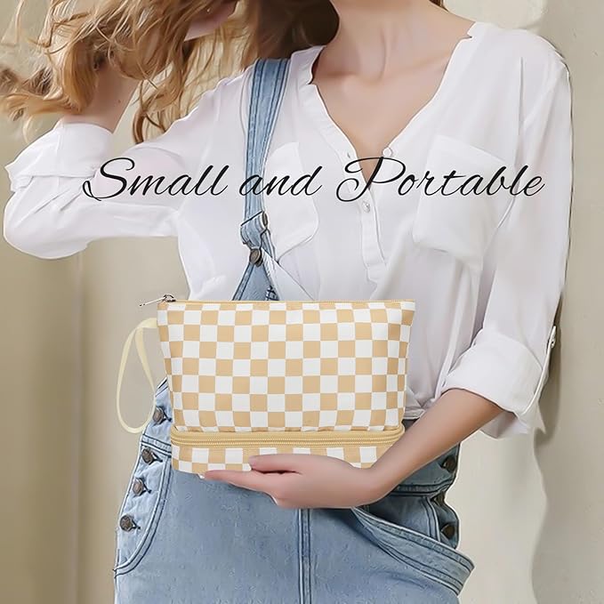 Ethereal Small Makeup Bag, khaki Checkered 2 Layers Travel Cosmetic Bag with Makeup Brush Holder, Portable Makeup Pouch for Women/Girls