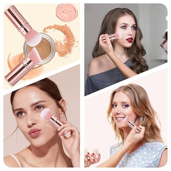 Retractable Makeup Brush 2 Pack, Travel Kabuki Powder Makeup Brush, Foundation Face Blush Brushes for Blending Liquid, Blush, Bronzer, Buffing, Sunscreen,Flawless Cosmetics