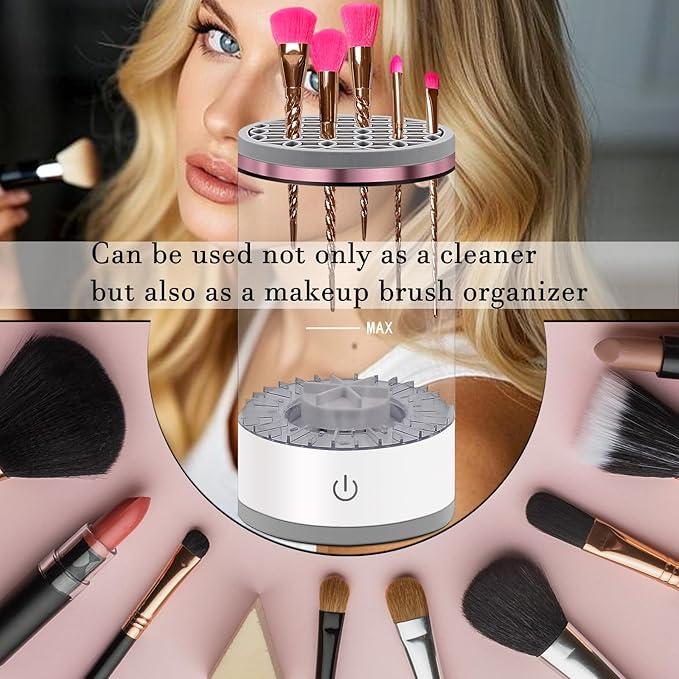 Electric Makeup Brush Cleaner Machine: Portable Face Beauty Brushes Cleaning Blender with Silicone Holder, Facial Care Tool Washer, Sponge Washing Device, Girls Travel Cosmetic Organizer (White)