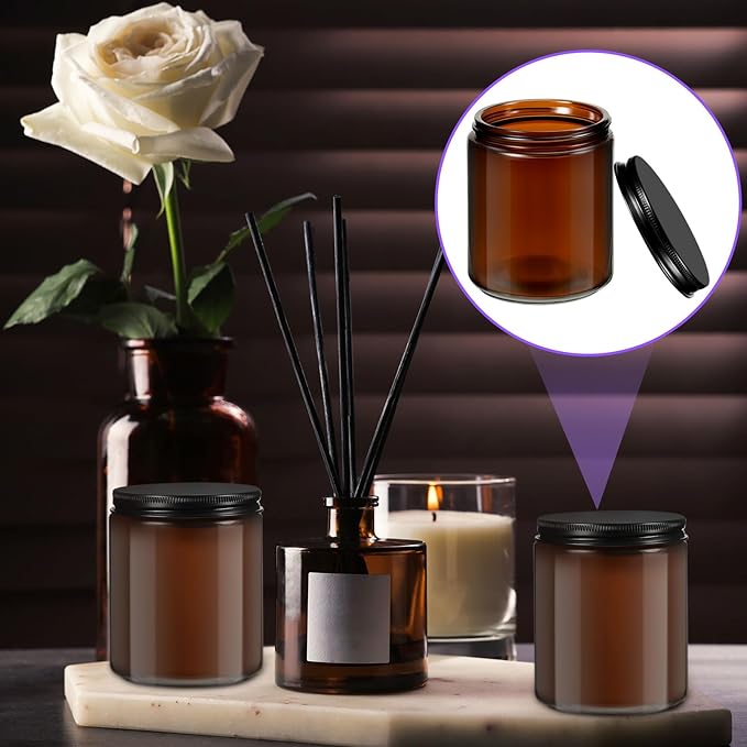 Lallisa 48 Pcs 8 oz Amber Glass Jars with Black Lids Round Glass Cosmetic Jars with Lids Empty Amber Containers Refillable Food Storage Containers for Spice Powder Liquid Sample Makeup