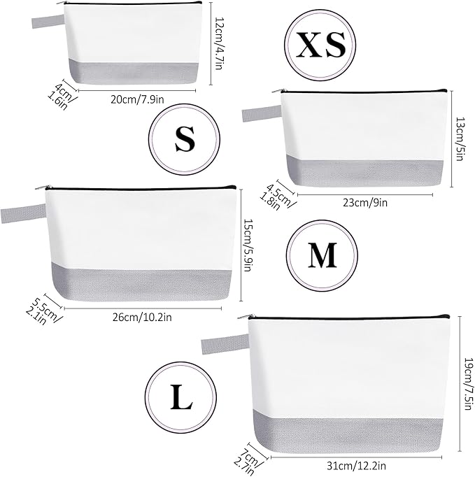 10 Pieces Cotton Canvas Makeup Bag with Bottom and Strap, Multi-Purpose Cosmetic Bag with Zipper Travel Toiletry Pouch, Blank DIY Craft Bag (White&Grey, M)