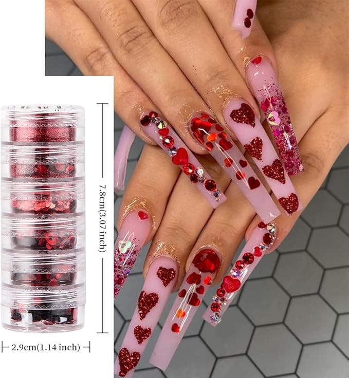 6Pcs Valentines Nail Art Glitter Flake 3D Red Nail Sequins Heart Shaped Nail Art Decoration Holographic Valentine’s Day Nail Glitter Decals Romantic Red Powder Flakes for Body Makeup Nails Accessories