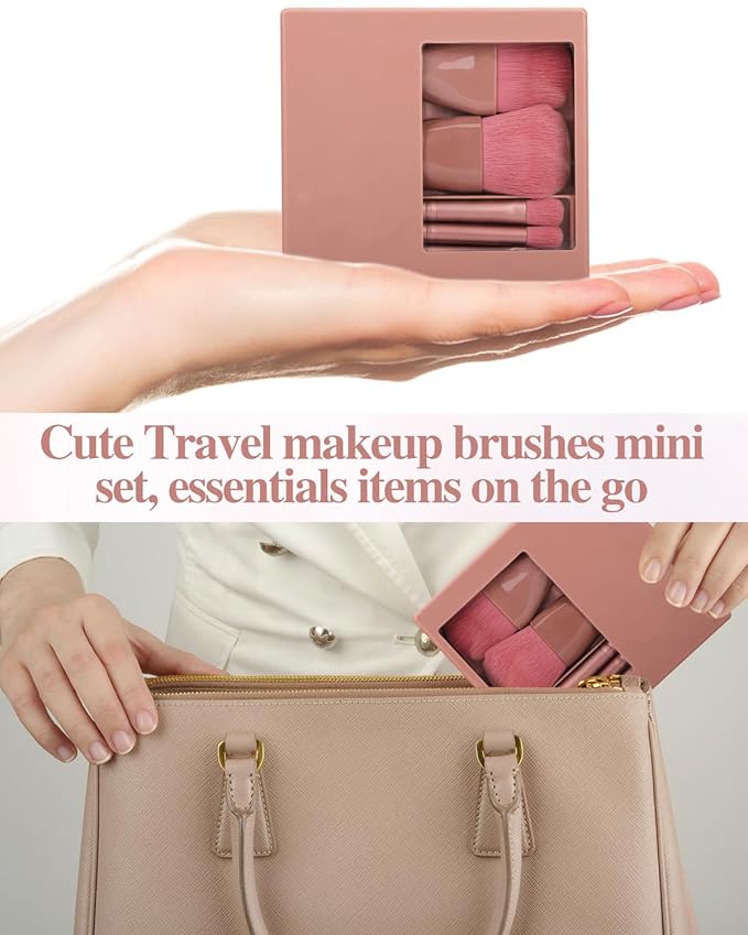 Travel Size Makeup Brushes Mini Set with Hard Case and Built-in Mirror, 5Pcs Small Cosmetic Brushes, On the Go Brush Travel Essentials kits for Women, Girls Gift (Dark Purple)