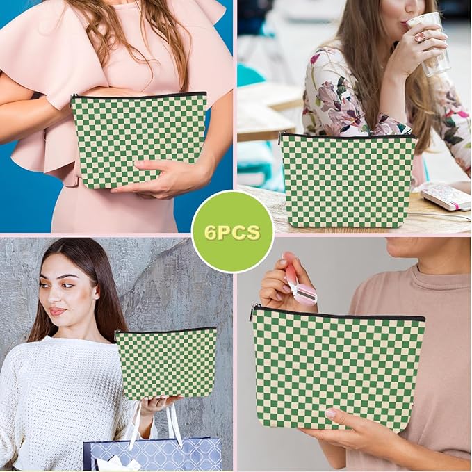 6 Pcs Checkered Makeup Bags Make up Bag Cosmetic Bags for Women Girls Sister Wife Bridesmaid Friendship Christmas Birthday Travel Toiletry Bag Aesthetic Zipper Organizer Accessories, Cute Green Plaid