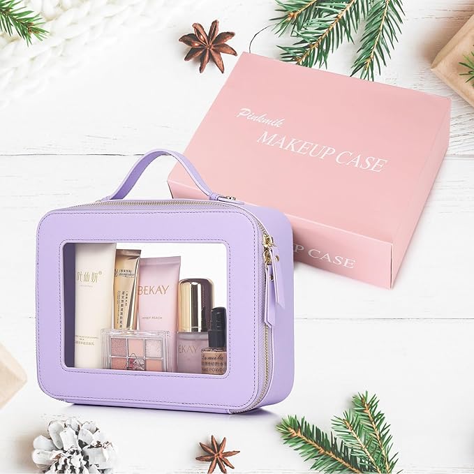 Pinkmik Clear Makeup Bag Waterproof Travel Case for Cosmetics and Toiletries Women's Makeup Organizer and Car Bag with Zipper (X/Purple, L)