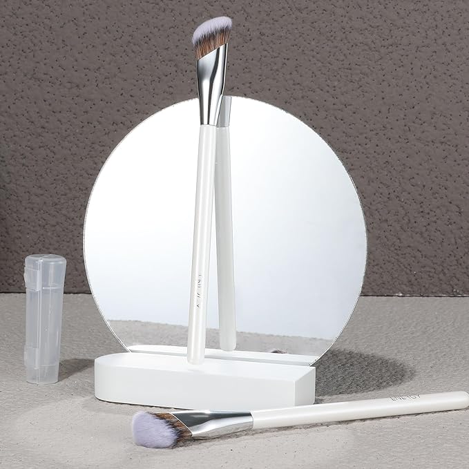 ENERGY Concealer Brush, Under Eye Makeup Small Angled Kabuki Precision Face Blending Brush-Liquid Cream Foundation Concealer for Dark Circles, Make Up Nose Contour Applicator Vegan with Cover (White)