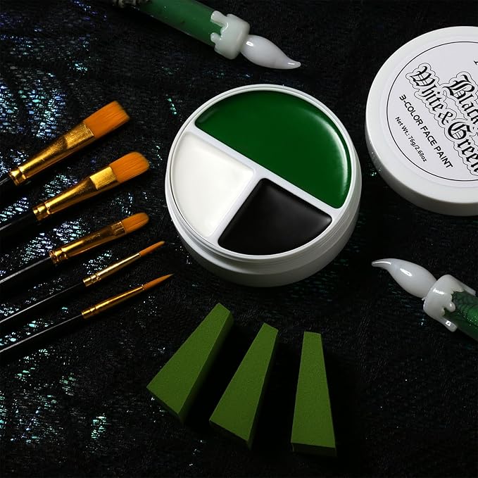 Black White Green Face Body Paint, Halloween Wicked Witch Green Makeup Kit (3 Sponges + 5 Brushes), 9 Pcs Oil Based Non Toxic green Face Painting Kit for Hulk, SFX, Hunting, Zombie, Costume, Cosplay