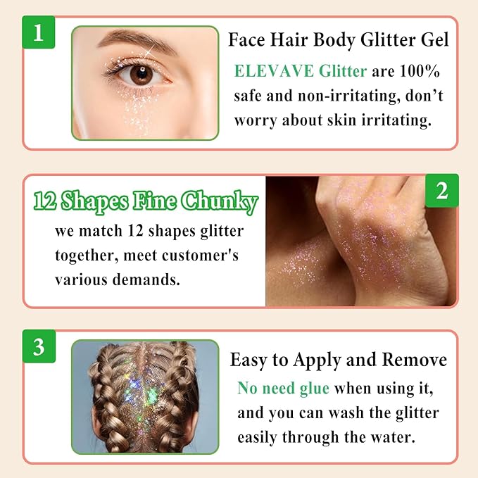 Body Glitter Face Glitter, Hair Glitter for Kids, 12 Shapes Fine Chunky Glitter Gel for Women Girls Makeup Sparkles Party Mermaid Sequins Rave Accessories Singer Concerts Festival (Pink Scheme)