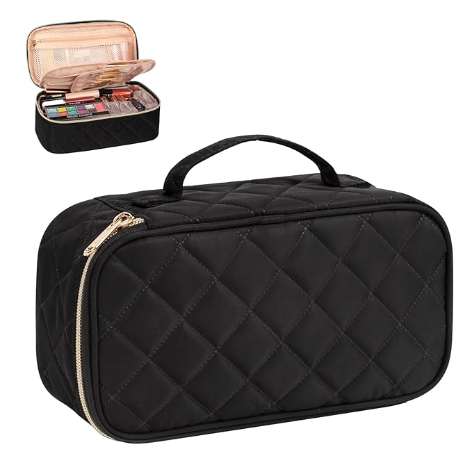 OCHEAL Small Makeup Bag,Portable Cute Travel Makeup Bag Pouch for Women Girls Makeup Brush Organizer Cosmetics Bags with Compartment-Rhombus Black