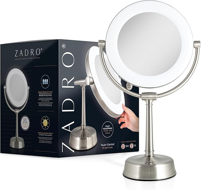 Zadro 12" Lexington LED Lighted Makeup Mirror with Magnification & Infinity Dimmer Touch Pad (Large | 12" x 20.75" | 10X/1X, Chrome)