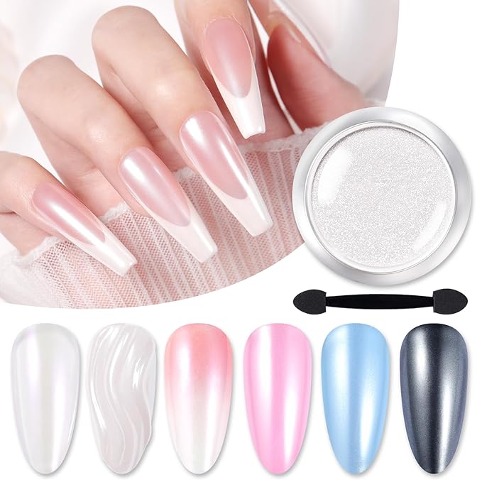 Born Pretty White Color Pearl Chrome Nail Powder Auroras Nail Powder Mirror Effect Pigment Mermaid Nail Glitter Powder for Nail Art Manicure Decoration