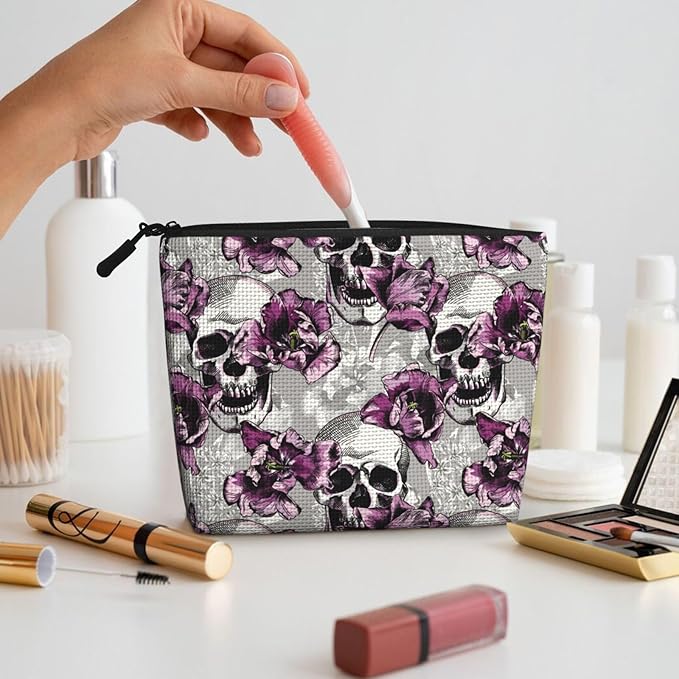 MOLAIGIN Skull Purple Flower Cosmetic Bag For Women, Travel Makeup Bag, Toiletry Zipper Bag, Large Capacity Aesthetic Cases