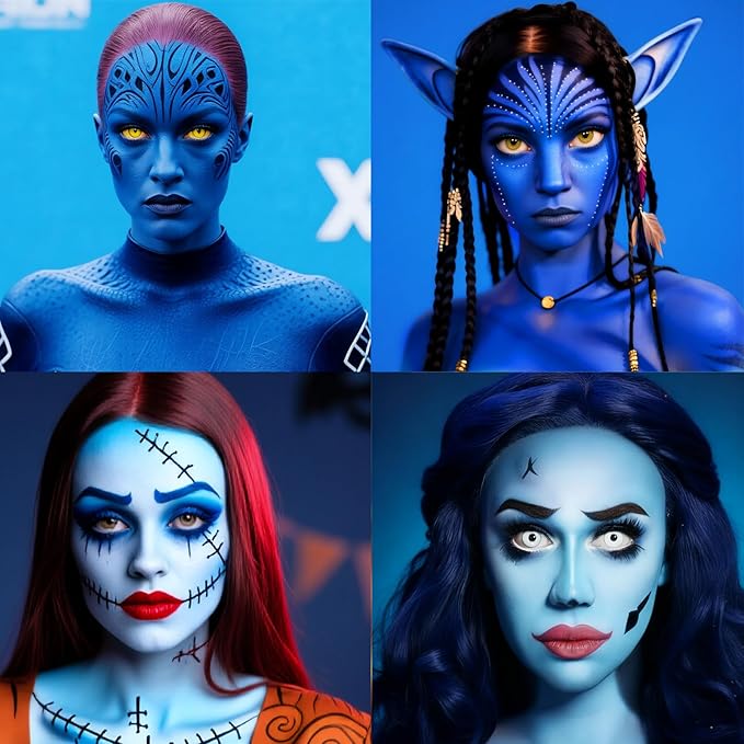 Black White Blue Face Body Paint 1.01/pc with 3 Sponges,Water Based Royal Blue Face Paint Kit for Avatar Corpse Bride Cosplay Sally and Jack Makeup,Halloween SFX Makeup Cream Face Painting