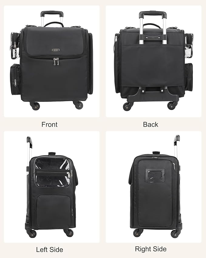 Relavel Rolling Makeup Train Case with 6 Pcs Clear Makeup Bags, Hairstylist Traveling Bag with 4 Wheels, Heat Insulation Full Layer, Adjustable Dividers, Hair Tools and Cosmetics Storage Organizer