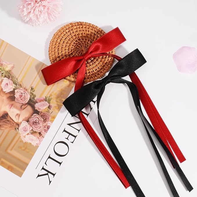4 PCS Tassel Ribbon Bowknot Hair Clips With Long Tail for Women Girl Teens Kids, Solid Holder Fashion Bow Bowknot Hair Accessories Headwear Barrettes Claw(Black&Red)