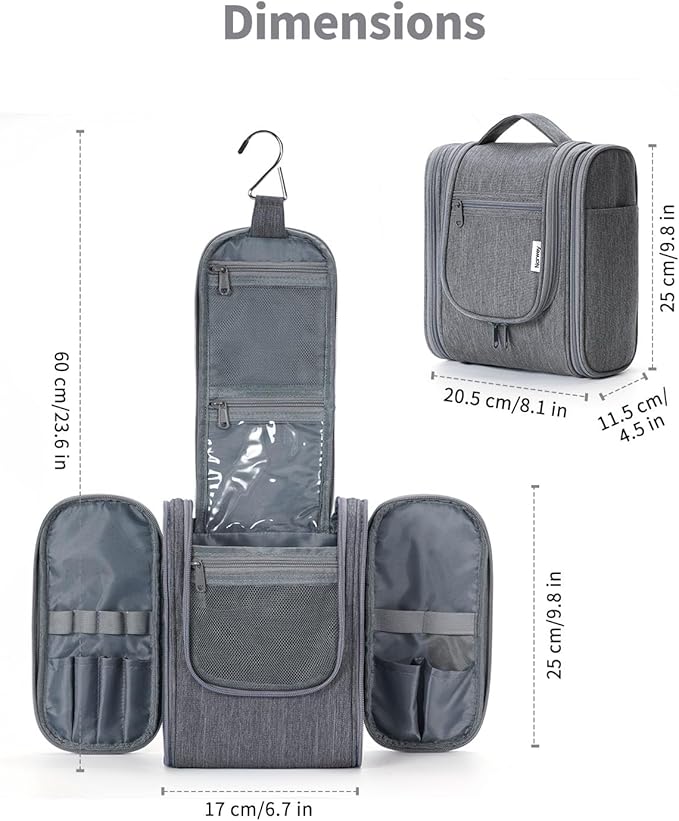 Narwey Small Hanging Toiletry Bag Women Travel Makeup Bag Organizer Toiletries Bag for Travel Size Essentials Accessories Cosmetics (Medium, Grey)
