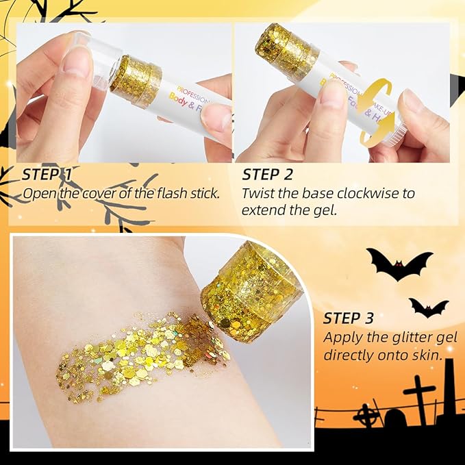 Body Glitter Stick Red Black Face Glitter Purple Gold Hair Glitter Halloween Face Paint Rave Makeup Glitter Festive Face Gems Christmas Fine Chunky Glitter Stick for Women Girls 2Pack