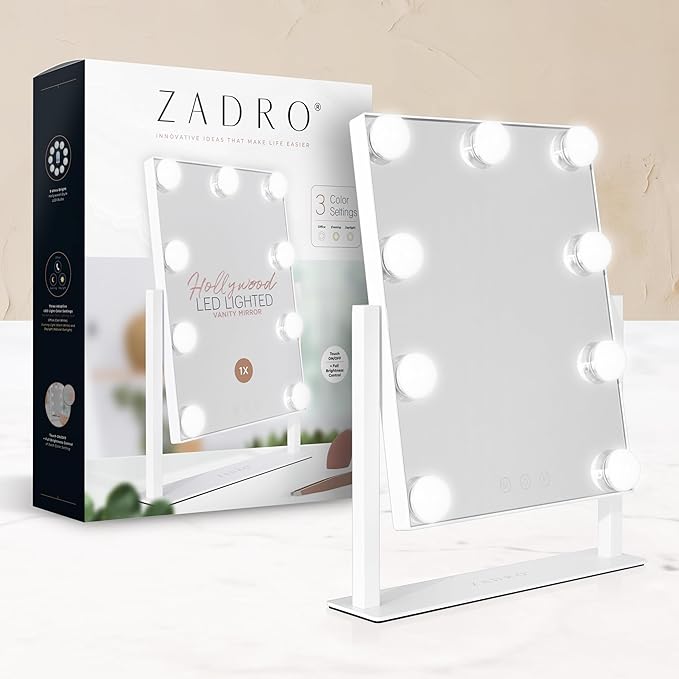Zadro Hollywood Lighted Vanity Mirror with 9 LED Bulbs, 3 Color Light Settings, 360° Rotation Makeup Mirror Head (14" H x 12" W | 1X | Neutral)