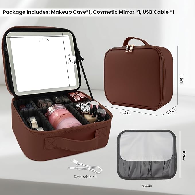 Travel Makeup Bag with LED Mirror and Light Travel Makeup Case Cosmetic Organizer Portable Cosmetic Brush Organizer Bag with Adjustable Dividers for Cosmetics Makeup Brushes Toiletry(Dark Brown)