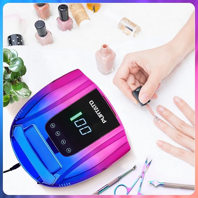 Professional Rechargeable 96W UV LED Portable Cordless UV Light for Nail Lamp Machine with Removable Stainless Steel Bottom,4 Timer Setting and Smart Sensor Nail Dryer (Blue&Purple)