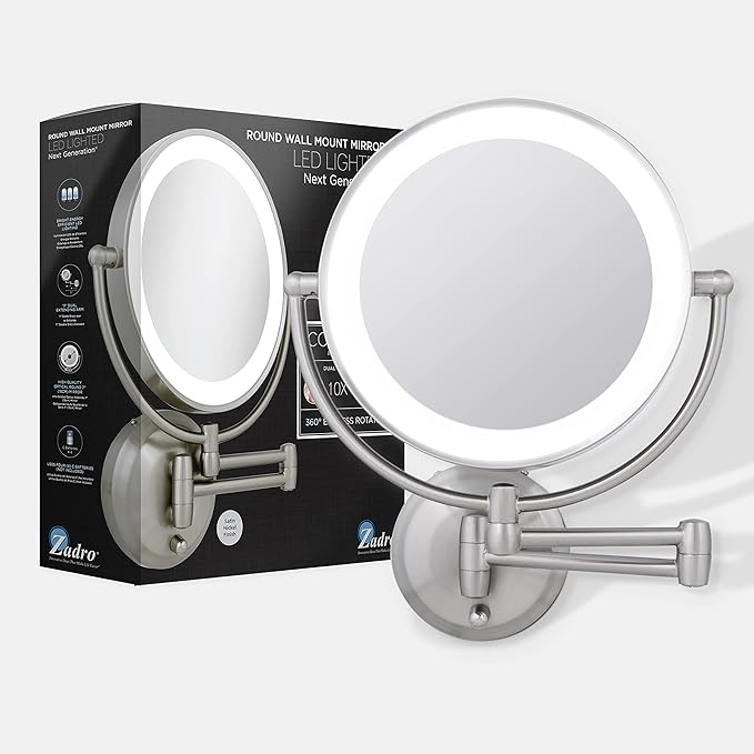 Zadro 11" LED Wall Mounted Makeup Mirror 10X/1X Shaving Mirror Cordless or Battery Operated Vanity Mirrors for Wall