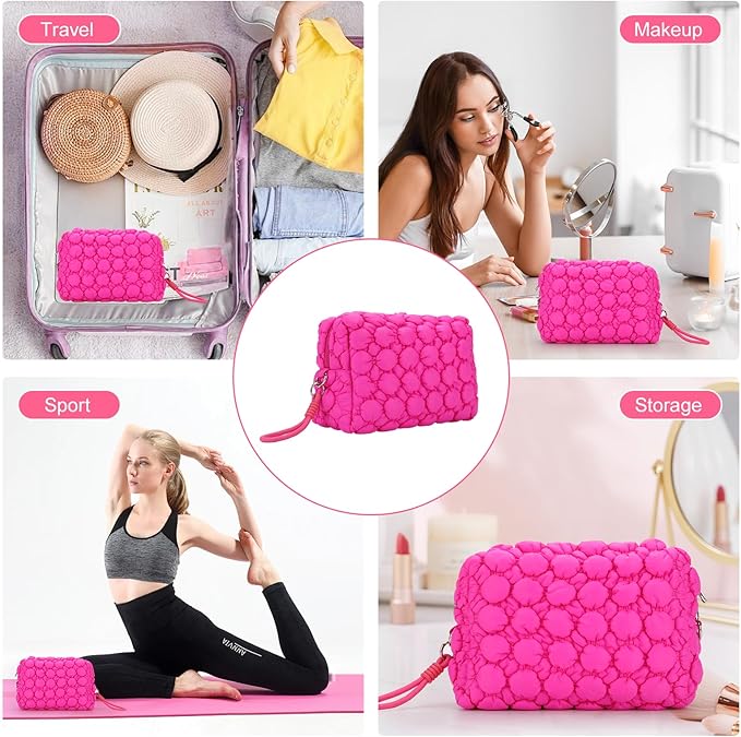Quilted Ruffle Makeup Bag, Travel Toiletry Organizer for Women with Wrist Strap, Cute Aesthetic Cosmetic Bag for Daily, Work, Ideal Gift (HOT PINK)