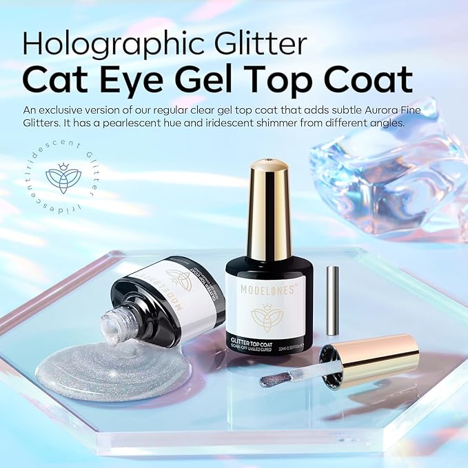 modelones Rainbow Cat Eye Gel Nail Polish Top Coat, 2-in-one 9D Glitter Clear Gel Polish with Magnet Stick Holographic Glossy Finish Long Lasting Soak Off Manicure Home Salon Nail Art 10 ML