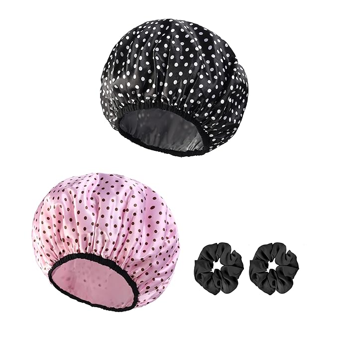 2-Pack Reusable Waterproof Shower Caps for Women, Double-Layer Elastic Bath hat,Extra Large Hair Cap for Long Curly Hair(Black, Pink)