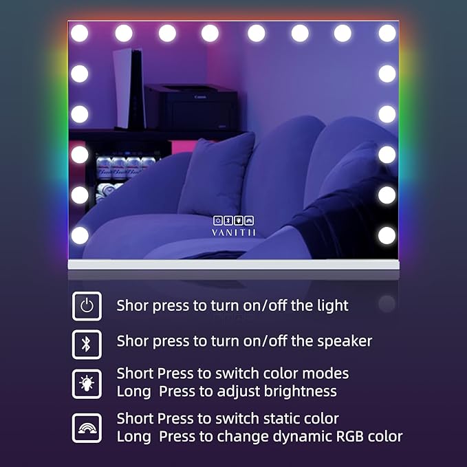 VANITII Hollywood Vanity Mirror with RGB Lights Tempered Glass Light Up Makeup Mirror with 18 Dimmable LED Bulbs 3 Color Lighting Modes Smart Touch 10X Magnification for Bedroom
