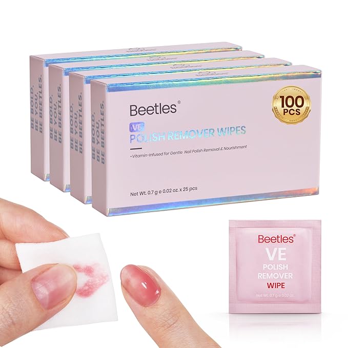 Beetles Nail Polish Remover Pads - 100 Count Nail Wipes 2-in-1 Prep & Lacquer Remover Nail Scrubbers Travel-Friendly Fingernail Polish Remover with vitamin E