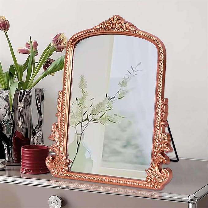 Rose Gold Makeup Mirror, Small Standing Vanity Desk Mirror Decorative Ornate Arched Desk Mirror with Carved Wood Frame, for Bedrooms,Living Rooms Table Top and Salon 11.8" x 9.6"