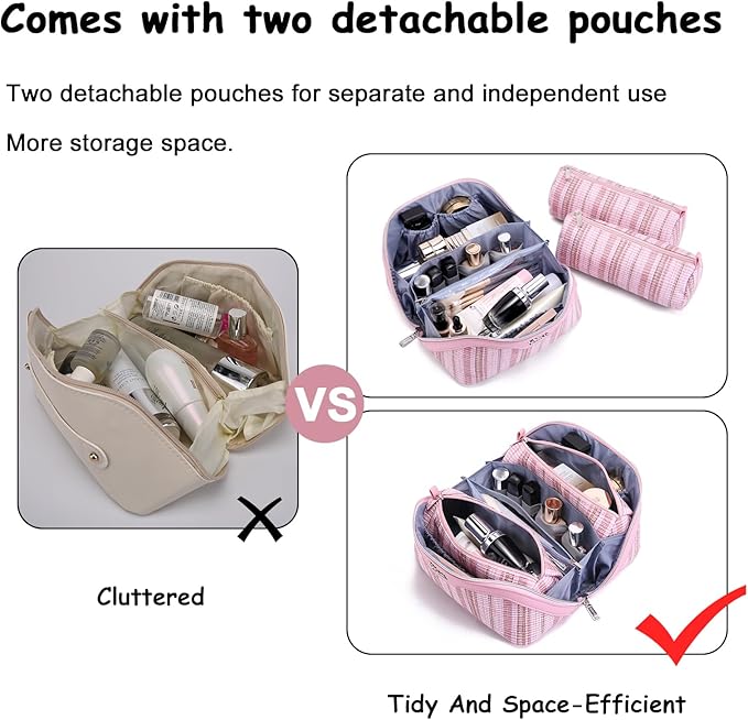 Travel Makeup Bag for Women: Large Capacity Open Flat Make up Bag Set of 3 - Vegan Leather Cosmetic Bag with Compartments - Waterproof Toiletry Bag with Handle & Divider(Pink)