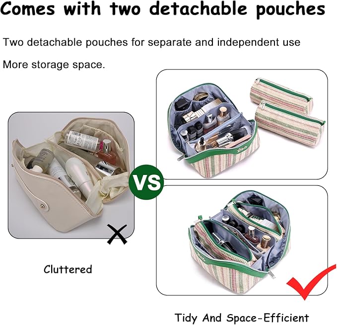 Travel Makeup Bag for Women: Large Capacity Open Flat Make up Bag Set of 3 - Vegan Leather Cosmetic Bag with Compartments - Waterproof Toiletry Bag with Handle & Divider(Green)