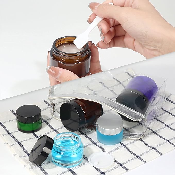 15 Pack 1 oz Empty Amber Glass Jars, 30ml Round Refillable Cosmetic Container Storage Jars with Inner Liners and Black Lids,Perfect Travel Jars for Cosmetics,Face Cream Lotion and More Beauty Products