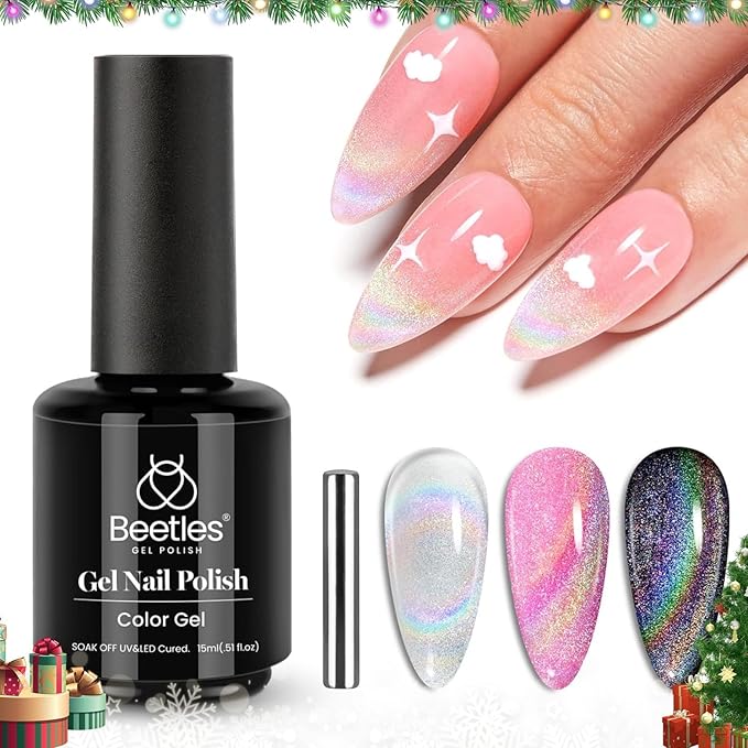 Beetles Rainbow Holographic Cat Eye Gel Nail Polish, 15ml, Magnet Stick, Soak Off, Uv Nail Shimmer, Velvet, French Nail Art Design, Gift for Women
