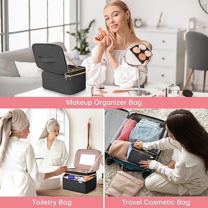 Double Layer Travel Makeup Bag Women, Cosmetic Organizer Case, Travel Essentials Accessories with Shoulder Strap for Bottles, Brushes, Conditioner, Skin Care Products, Black
