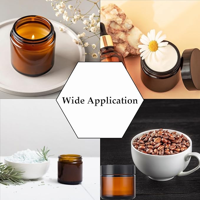 KOIBITO 2 Oz Amber Round Glass Jars with Black Lid, Empty Glass Containers with Inner Liners, Refillable Cosmetic Vials for Cream, Lotion, Ointment (12 PCS)