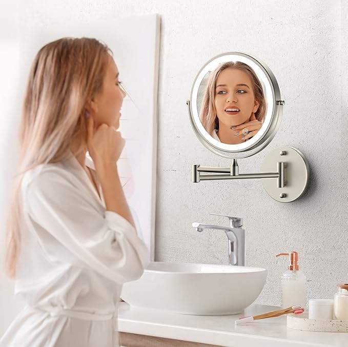 Rocollos 9" Wall Mounted Lighted Makeup Mirror, Large Double Sided 1X/10X Magnifying Mirror, 3 Color LED Vanity Mirror, Touch Dimmable 360° Swivel Light Up for Bathroom