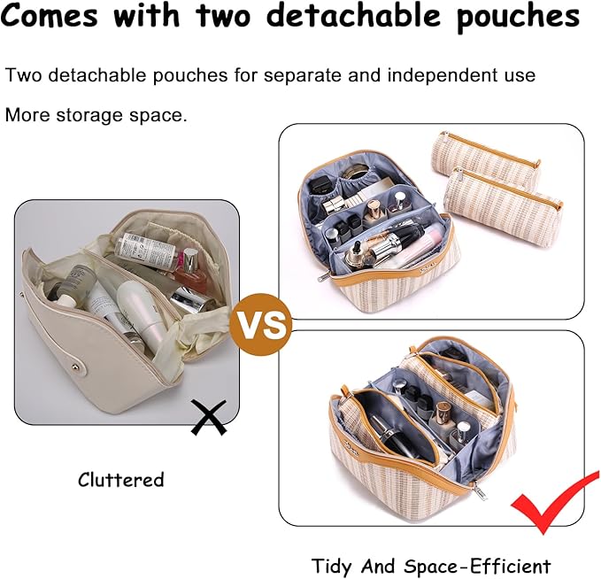 Travel Makeup Bag for Women: Large Capacity Open Flat Make up Bag Set of 3 - Vegan Leather Cosmetic Bag with Compartments - Waterproof Toiletry Bag with Handle & Divider(Gold)