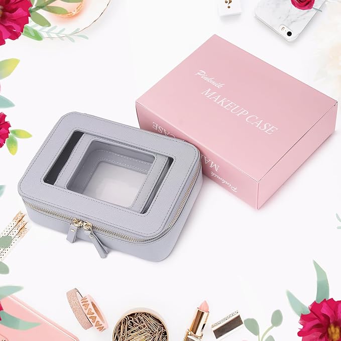 Pinkmik Clear Makeup Bag Waterproof Travel Case for Cosmetics and Toiletries Women's Purse Organizer and Clear Car Bag with Zipper (Gray, M+MINI)