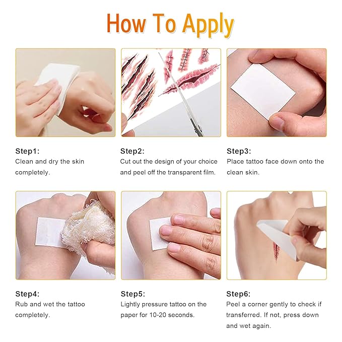 10 Sheets Halloween Zombie Scar Temporary Tattoos, Fake Bloody Wound Stitch Scab Body Face Waterproof Tattoo Stickers Masquerade Prank Makeup Props