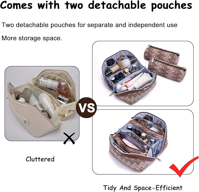 Travel Makeup Bag for Women: Western Boho Make up Bag Set of 3 - Large Capacity Vegan Leather Cosmetic Bag - Waterproof Toiletry Bag with Compartments & Handle & Divider(B-02Brown)