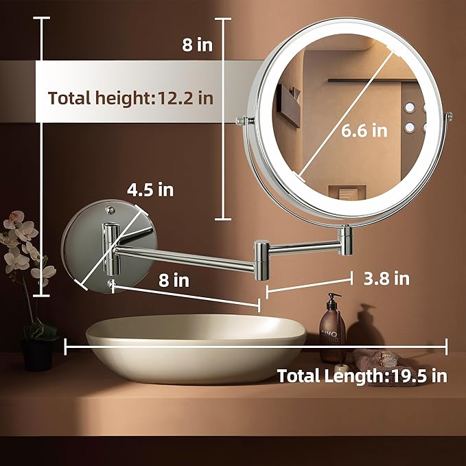 8" Wall Mounted Lighted Makeup Mirror with Magnification, 1X/10X Magnifying Mirror with Light, 3 Color Lights, Extendable Double Sided 360° Swivel Bathroom Mirror Type-C Rechargeable (Silver)