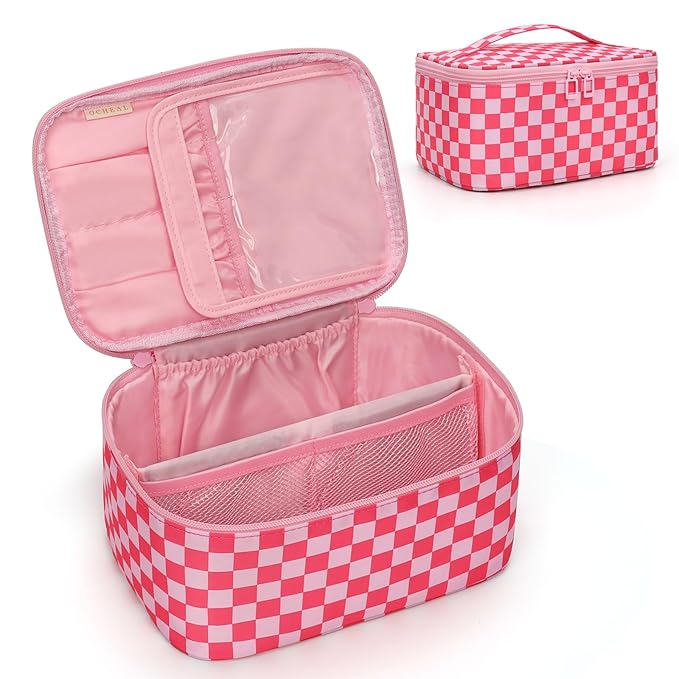 OCHEAL Makeup Bag Portable Cosmetic Bag For Women, Large Capacity Travel Makeup Case Organizer, Toiletry Bag for Girls Traveling With Handle and Divider-Pink