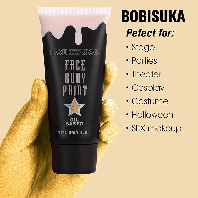 BOBISUKA Gold Face Body Paint, Metallic Oil-based Painting Kit, Cream Blendable Facepaint for Halloween Cosplay, Costume, Parties, Stage, Theater, SFX Special Effect Makeup(2.1 Fl.oz)
